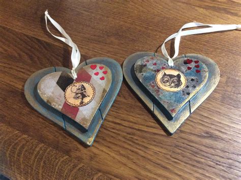 Alice In Wonderland Wooden Hearts Decorative Decoupaged Hearts Alice In Wonderland Home Decor