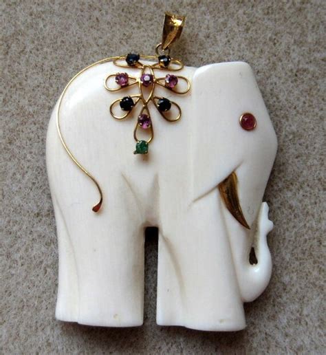 Genuine Ivory Pendant Of Elephant W14 Gold And Jewels