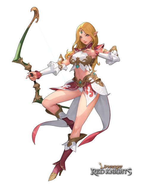a female character with long blonde hair holding a bow and arrow in one hand while standing on