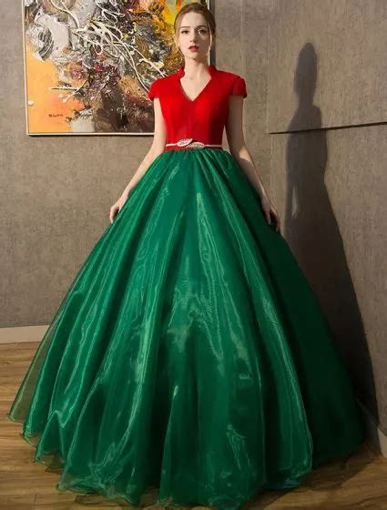 Vintage Prom Dresses 2016 V Neck Red Tulle Dark Green Organza Long