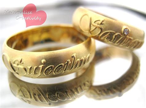 18k Yellow Gold Name Embossed Engagement Rings Wedding Rings Simple