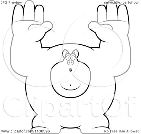 Cartoon Clipart Of An Outlined Buff Pig Giving Up Black And White