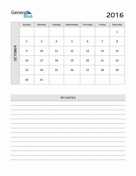 October 2016 Monthly Calendar Pdf Word Excel