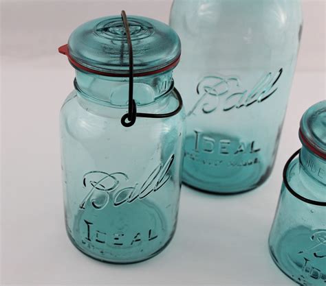 Vintage Set Of 1920s Blue Ball Mason Canning Jars With Glass Lids