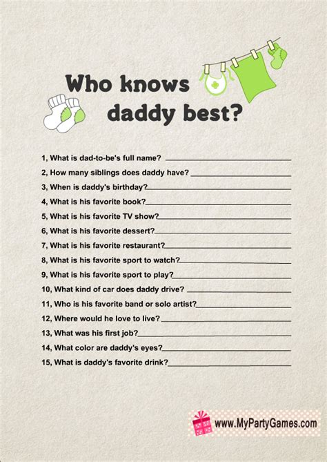 Find the right baby shower game that fits your budget and needs. Who knows daddy best? - Free Printable Baby Shower Game