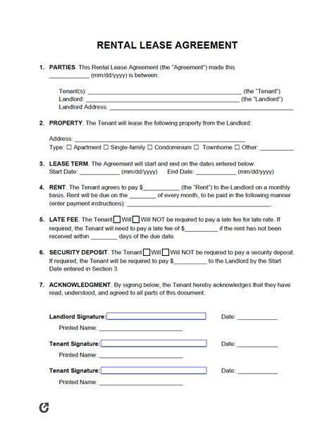 Free Simple 1 Page Rental Lease Agreement Pdf Word Rtf