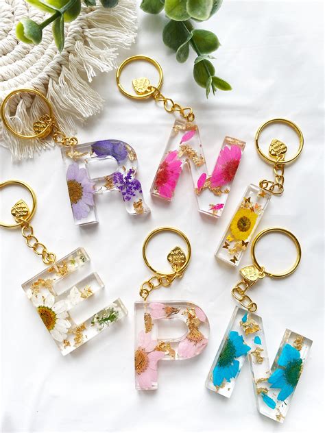 Personalized Alphabet Resin Keychain Floral Foil Flakes Etsy