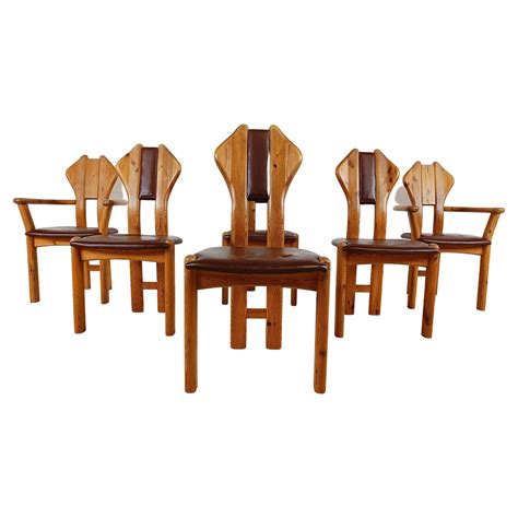 Mid Century Dining Room Chairs Pine Wood Cognac Leather Sweden 1970s