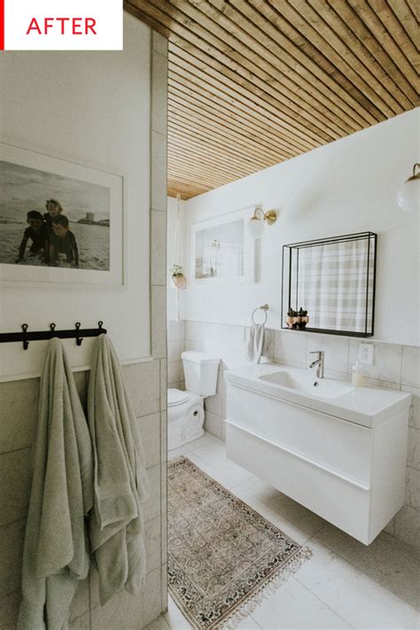 This inexpensive bathroom ceiling material is perfect for bathrooms in homes located in hotter plastic or pvc moldings — which appear similar to ordinary wood molding — can be cut, installed. Wood Slat Ceiling - Bathroom Remodel Photos | Apartment ...