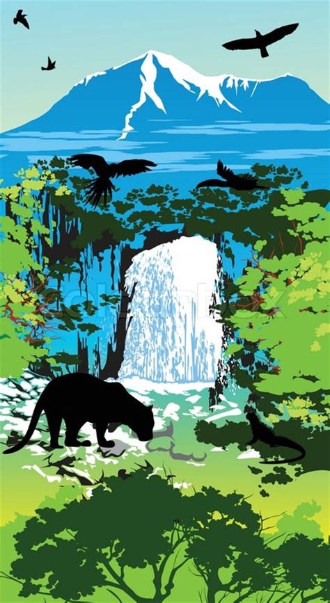 Jungle Animals On The Waterfall And Stock Vector Colourbox