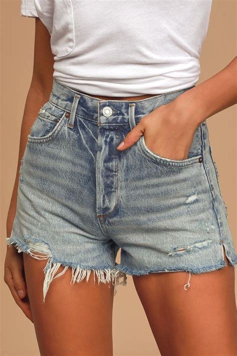 Jaden Medium Wash High Rise Distressed Cutoff Denim Shorts Casual