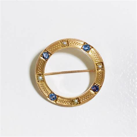 Yellow Gold Circle Pin Circle Pin With Blue Sapphires And Pearls