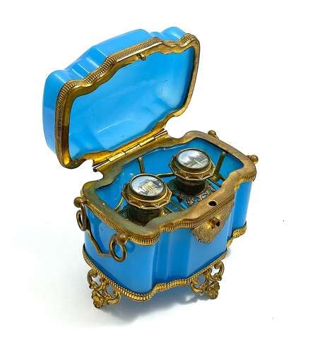Antique French Blue Opaline Glass Perfume Casket