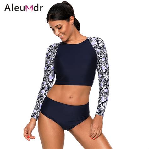 Aleumdr Swimwear Women Bikini Set 2018 Long Sleeve Print Backless Crop