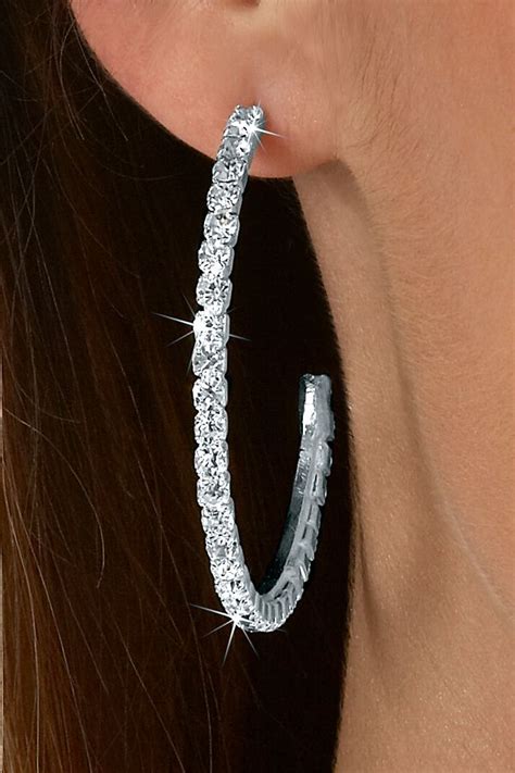 Large Hoop Crystal Rhinestone Earrings Pierced Large Silver Hoop
