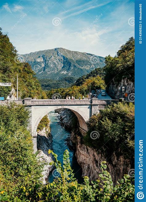 View At Napoleon Bridge Over River Soca In Kobarid Slovenia Stock