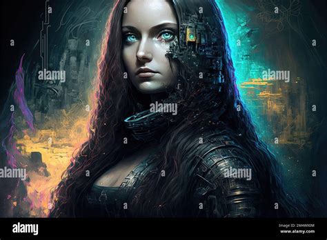 Futuristic Cyberpunk Mona Lisa Portrait Art Illustration Generative Ai
