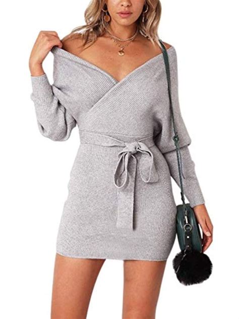 Womens Sweater Dresses Sexy V Neck Backless Long Batwing Sleeves Mini Bodycon Dress