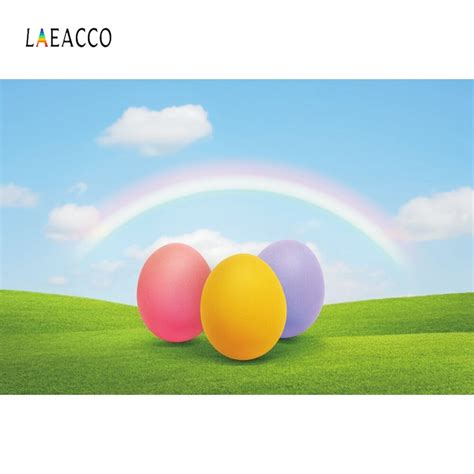 Laeacco Blue Sky White Clouds Rainbow Easter Eggs Grassland Baby