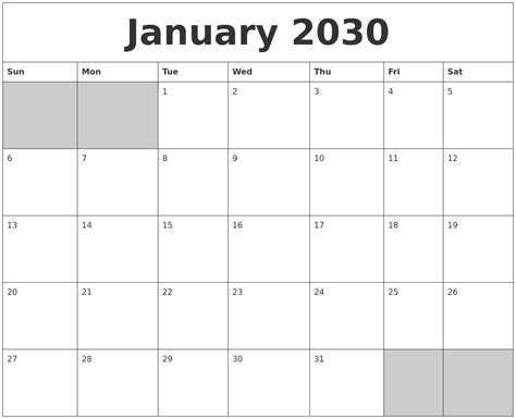 January 2030 Blank Printable Calendar