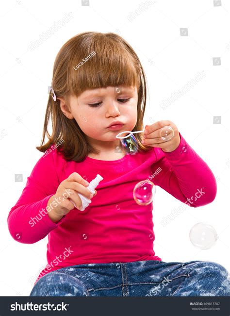 Happy Little Girl Blowing Bubbles Isolated Stock Photo 169813787