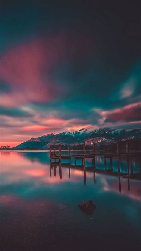 Download Wallpaper 938x1668 Pier Lake Mountains Photoshop Sunset