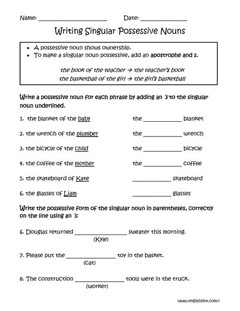 Singular And Plural Possessive Nouns Worksheets With Answers