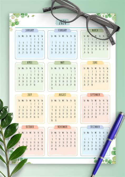 Yearly Calendar Printable Template In Floral Style 12 Months On One