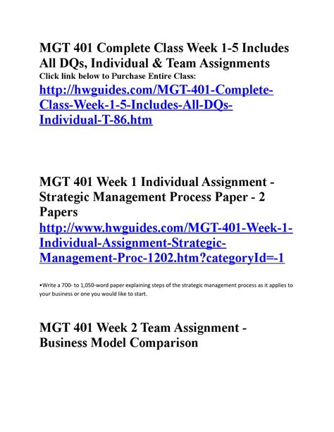 Mgt 401 Complete Class Week 1 5 Includes All Dqs Individual And Team