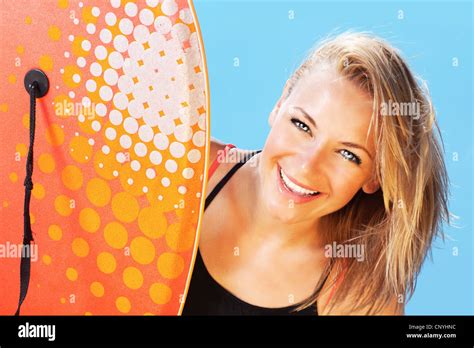 Happy Surfer Beautiful Teen Girl Laughing Pretty Female Holds