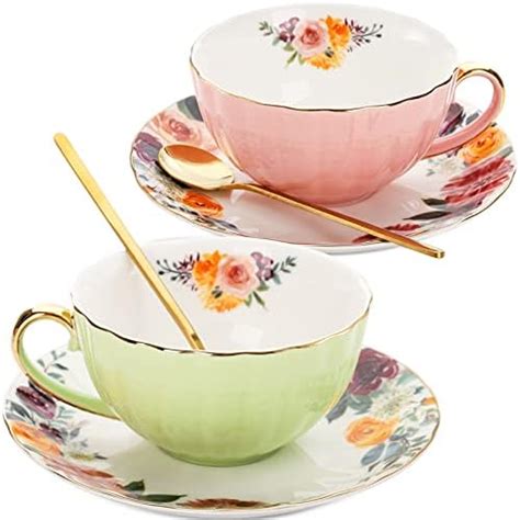 Btat Floral Tea Cups And Saucers Set Of 8 8 Oz Multi Color With Gold Trim And