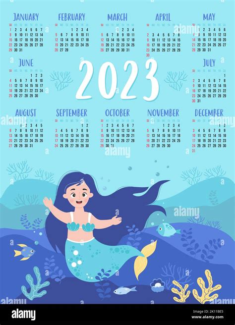Calendario 2023 Con Simpatica Sirena E Paesaggio Subacqueo Fondali