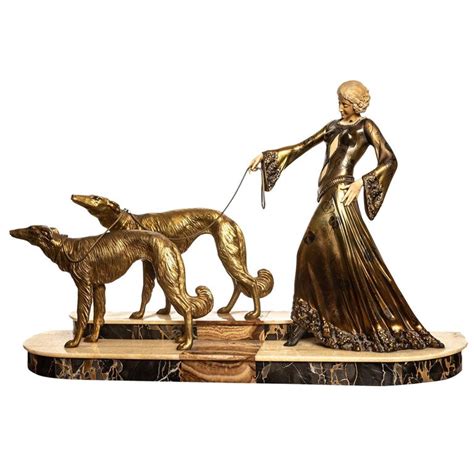 Fine Art Deco Bronze Sculpture Of A Lady With Two Greyhounds By Georges