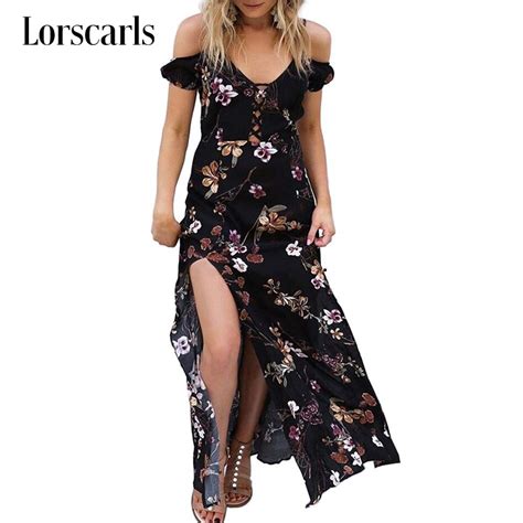 Lorscarls Women Summer Dress 2018 Sexy Deep V Neck Bohemian Beach Dresses Off Shoulder Floral