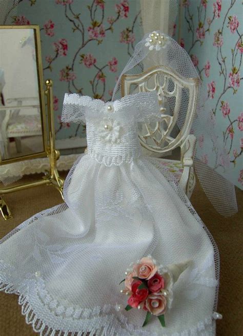 dollhouse wedding dress and veil display only 1 12 scale etsy miniature bride dress