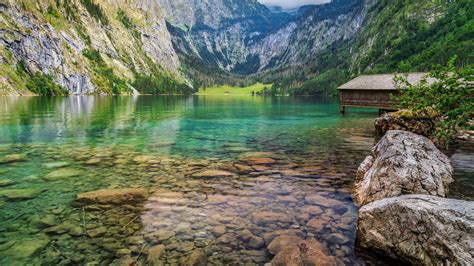 Obersee Alpine Lake Berchtesgaden Bavaria Germany Wooden House Rocky