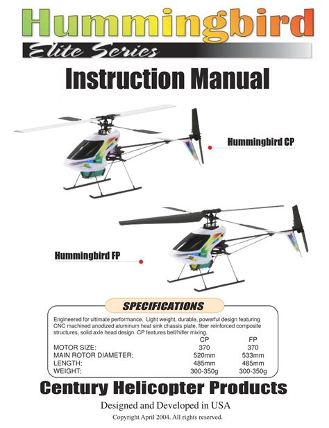 Century Helicopter Products Hummingbird Elite Series Fp Instruction Manual Pdf Download Manualslib