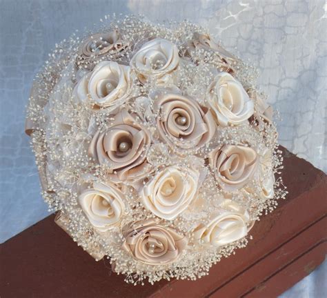 Gold and Cream Fabric Flower Ribbon Rose Wedding Bouquet ...