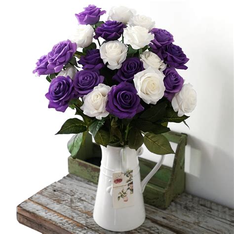 Real Touch 12 Stems Light Purple White Mix Color Silk Artificial Ros