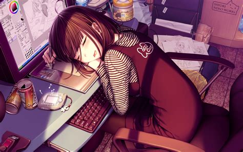 3840x2400 3840x2400 Anime Brown Computer Cute Girls Hair Keyboards Screen Sleeping