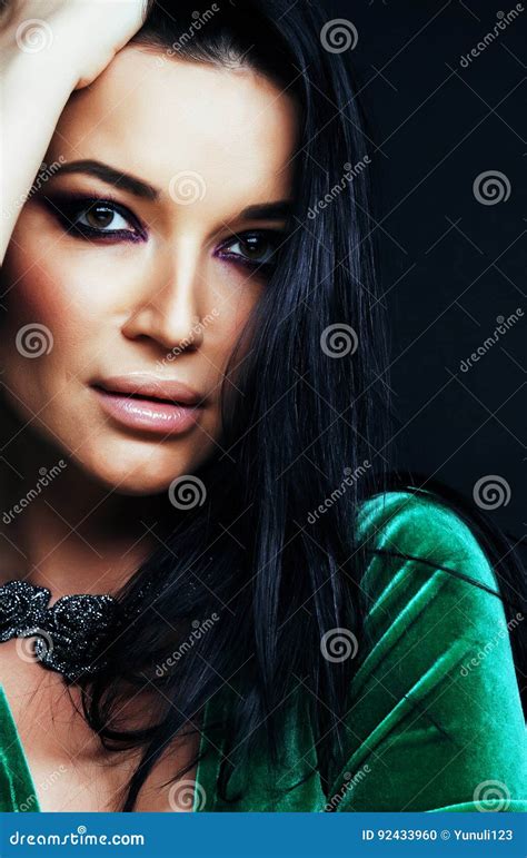 Young Pretty Brunette Woman Fashion Dressed Bright Makeup Eleg Stock