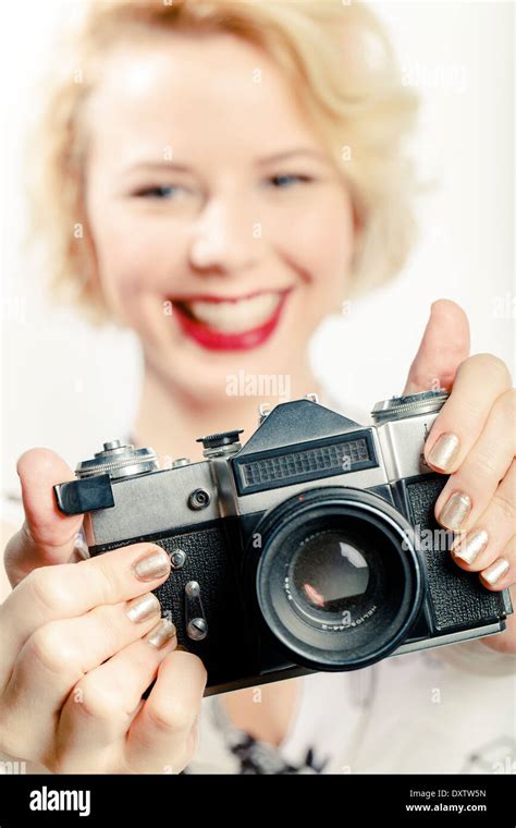Young Woman Using Photo Camera Stock Photo Alamy