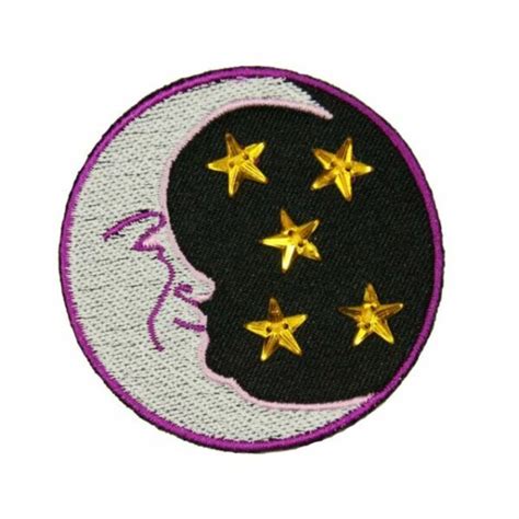 Crescent Moon With Jeweled Stars Patch Night Sky Embroidered Iron On