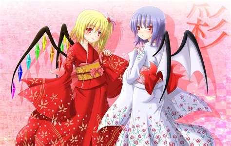 2girls Blonde Hair Blue Hair Blush Flandre Scarlet Japanese Clothes Kimono Red Eyes Remilia