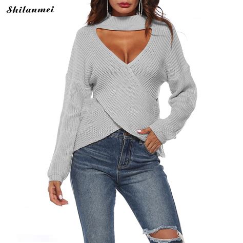 2018 women sweaters autumn winter choker v neck criss cross irregular hem pullovers women