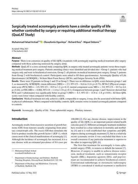pdf surgically treated acromegaly patients have a similar quality of life whether controlled