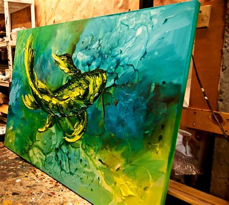 Painting For Sale Green Yellow Koi Fish Painting 8093