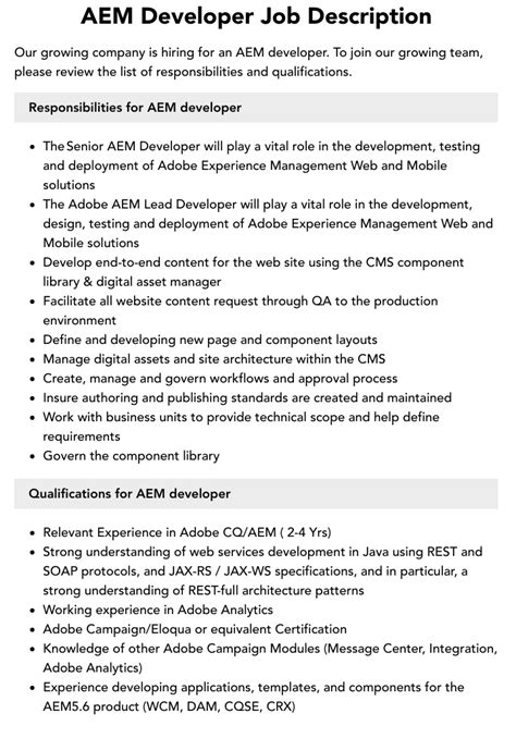 Aem Developer Job Description Velvet Jobs