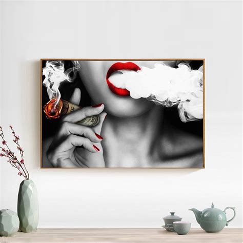 Walbest Unframed Fashion Canvas Prints Woman Smoking Wall Art Painting