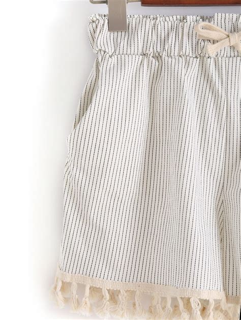 Drawstring Vertical Striped Tassel White Shorts Sheinsheinside